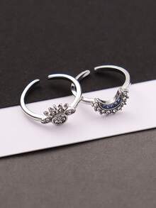 1 Pair Fashionable Rhinestone Star & Moon Design Stackable Copper Rings, Suitable For Women Casual, Dating, Valentine's Day, Wedding, Birthday Gifts - Sun and Moon Ring - View 7
