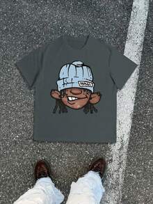 Dirty Braid Cartoon Head Men's T-Shirt, American Cartoon T-Shirt, Street T-Shirt, Hip-Hop Shirt, Y2k, Summer Essential Top, Soft And Breathable, 220 Grams, High-Quality Pure Cotton Shirt, Classic Round Neck Design, Breathable Fabric, Casual And Comfortable Versatile T-Shirt, Suitable As A Birthday Gift - Màu xám đen - Xem 1