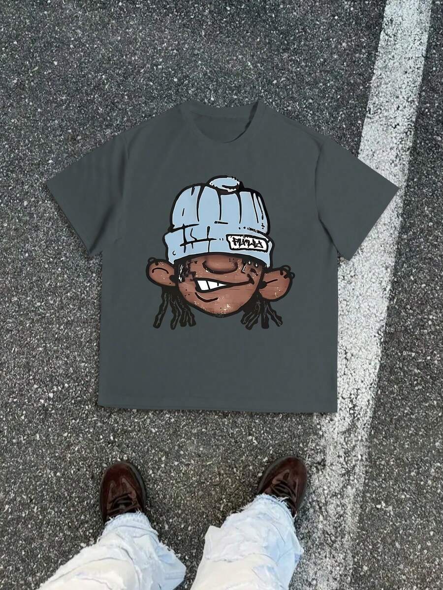 Dirty Braid Cartoon Head Men's T-Shirt, American Cartoon T-Shirt, Street T-Shirt, Hip-Hop Shirt, Y2k, Summer Essential Top, Soft And Breathable, 220 Grams, High-Quality Pure Cotton Shirt, Classic Round Neck Design, Breathable Fabric, Casual And Comfortable Versatile T-Shirt, Suitable As A Birthday Gift - Màu xám đen - Xem 1
