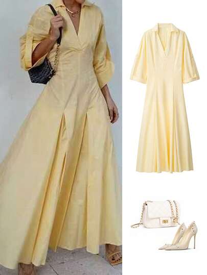 女士春秋时尚休闲宽松翻领长款衬衫裙