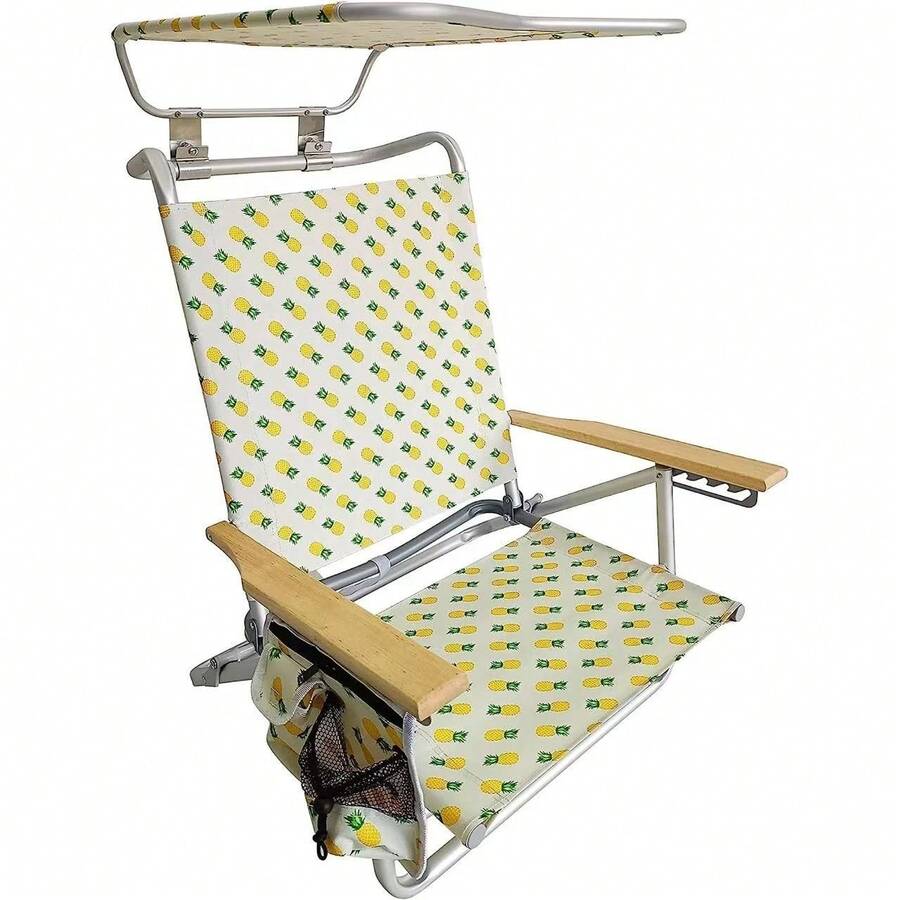 FENGSEN Reclining Beach Chair With 5 Positions And Awning – Aluminum Folding Chair With Wooden Armrests, Cup Holders, And Storage Bag, Ideal For Beach, Camping, And Garden - Kem Dứa Nhiệt Đới - Xem 1
