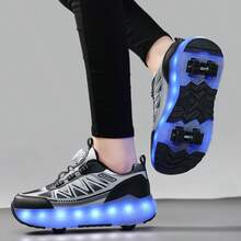 LED Multi-Flashing 4-Wheel Roller Skates, Quick Skating, Detachable Wheels, Fashion Casual 2-In-1 Roller Shoes, Rotary Buckle Adjustable Loose Fit - Black - View 7