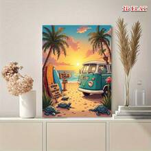 1pc, Beach Canvas Wall Art, Tropical Palm Tree Van Scene, Solid Wood Frame, Ready To Hang. Coastal Decor, Beach House Art, Living Room, Bedroom, Office Art, Summer Vibes, Sunset Wall Art, Turtle Beach Van Print, Framed Canvas Art, Easy Install, Tropical Getaway Wall Art. - Multicolor - View 2
