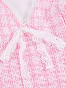 2pcs/Set Pink Lace Sexy Deep V-Neck Tie-Up Backless Top & Pleated Tennis Skirt, Made Of Jacquard Knit Fabric, Casual Sporty Style, Young & Sexy Girl Look, Spring/Summer New Women Outfit - Pink - View 8