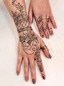 海娜纹身模板及染料套装（纹身模板+纹身染料） - 多图案临时纹身，适用于手部、手指、手腕、肩膀、颈部、锁骨等部位，防水假纹身模板套装，男女通用 - 彩色 - 查看 7