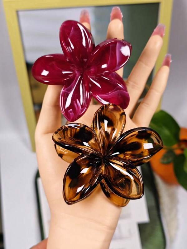 2pcs Leopard Print And Red Large Gradient Flower Design Lightweight Plastic Hair Clips, Elegant And Stylish, Suitable For Casual, Parties, Work, And Travel.