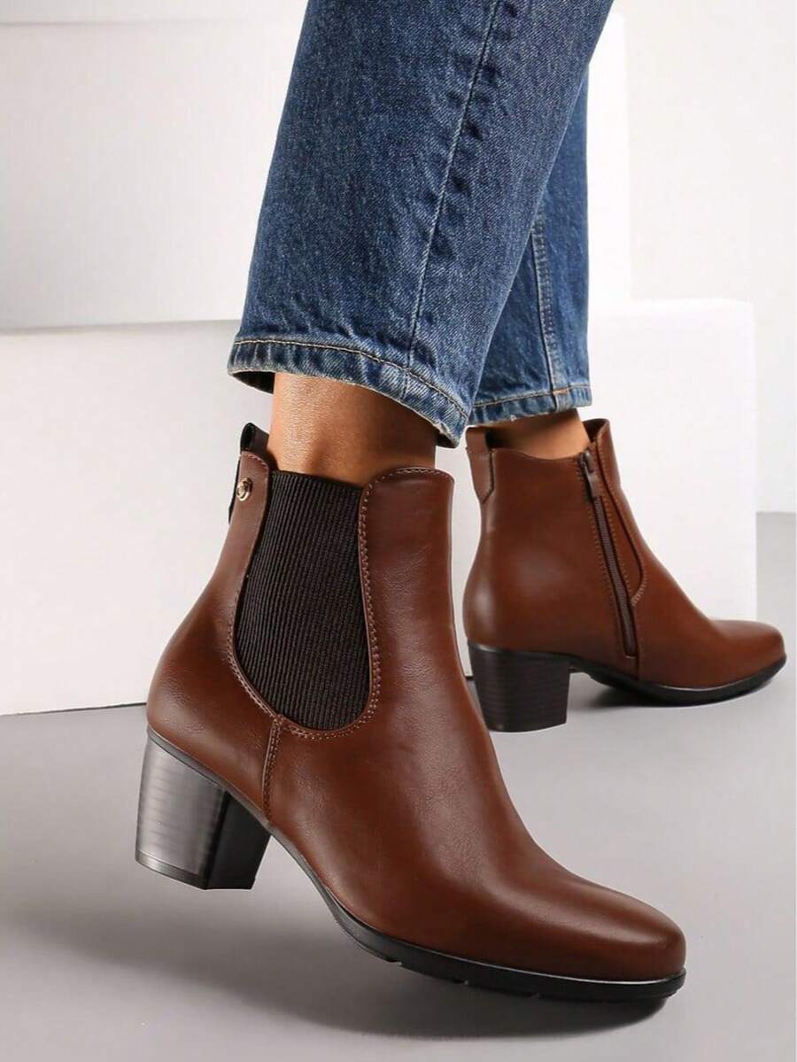 Fashion Casual Minimalist Daily Versatile High Heel Women Ankle Boots - Coffee Brown - View 1