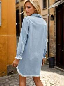 2025 New Women's Casual Shirt Dress With Fringe Hem - Long Sleeve Knee-Length Button-Front Dress, Washable Versatile Style Spring & Fall, Regular Fit, Dress - 藍色 - 查看 2