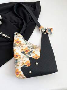 2025新款碎花拼布时尚简约休闲清新大容量单肩托特包腋下包，女士新月斜挎包，学生挎包，购物手提包 - 黑色 - 查看 8