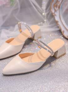 2026新款法式尖头珍珠装饰细高跟穆勒凉鞋，米色，夏季款