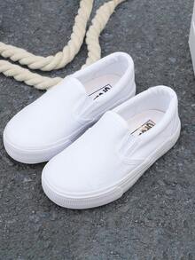 OPOEE 白色帆布鞋婴儿/幼儿小白鞋休闲运动鞋，春秋韩版简约男童/女童平底低帮系带运动鞋，经典帆布鞋时尚儿童一脚蹬乐福鞋，舞鞋