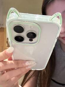 可爱 3D 猫耳透明手机壳 兼容 16 15 14 13 Pro Max 卡通猫耳防震后盖 - 綠色 - 查看 3