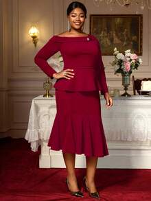 2 pièces Ensemble grande taille Top à col asymétrique manches longues Jupe sirène taille haute Costumes - Rouge foncé - Voir 4