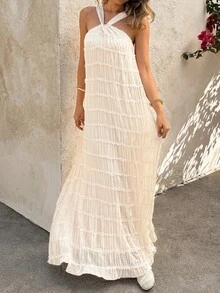 Doriss 精致吊带雪纺刺绣褶皱纹理长裙，波西米亚复古风，适合单身派对、返校季、假日装扮、派对礼服、舞会礼服，做工精湛，夏季女装，复活节、锐舞音乐节、演唱会女装、早午餐女装、婚礼宾客礼服，波西米亚风 - 杏色 - 查看 5