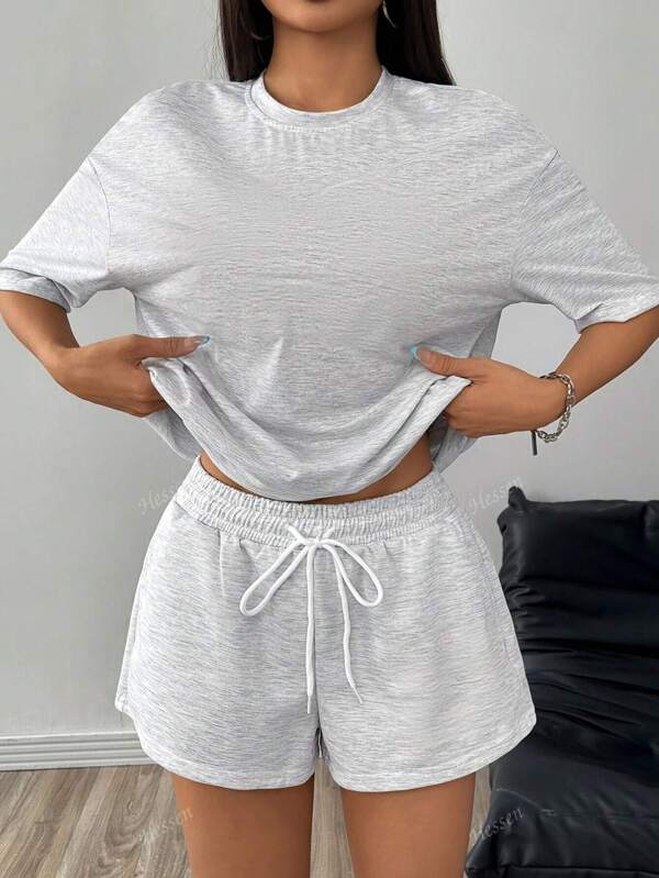 2pcs/Set Women Casual Solid Color Round Neck Short Sleeve T-Shirt And Shorts, Loose Fit