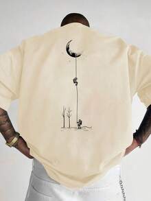 Camicia a maniche corte con stampa grafica da uomo - Maglietta casual a girocollo nera con vestibilità ampia realizzata in tessuto di poliestere durevole, lavabile in lavatrice per l'estate all'aperto, motivo di luna e alberi | Abbigliamento leggero - nero - Visualizzare 7