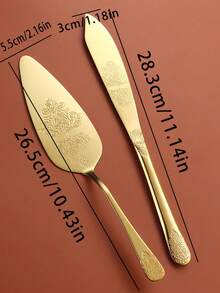 2pcs Stainless Steel Patterned Cake Server & Knife Set - Wedding Birthday Cake Spatula Bread Knife Pizza Shovel Dual-End Patterned Cutlery Flatware