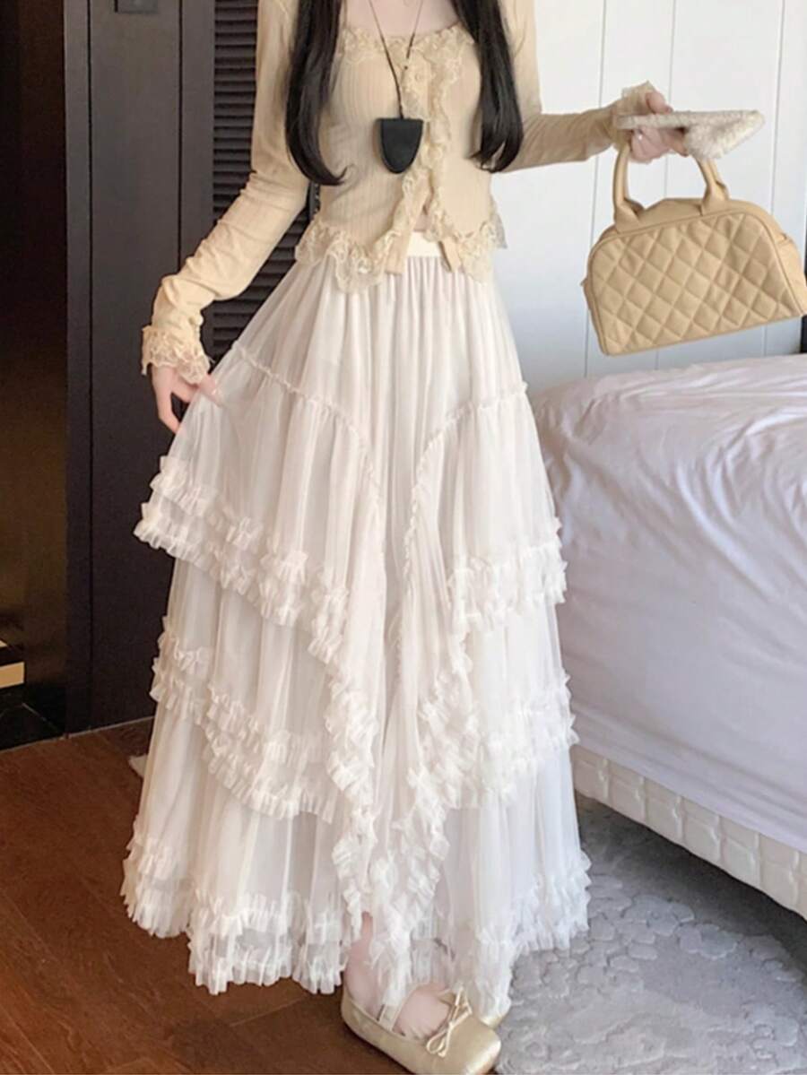 女士柔软浪漫蛋糕设计蓬松薄纱裙 - 杏色 - 查看 1