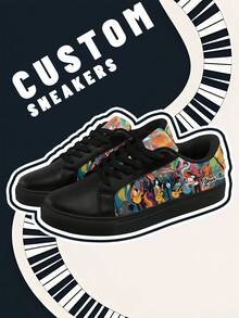 [Music Festival Theme]Men's Custom Name Lightweight Low-Top Sneakers, PU Leather Panel Shoes, Piano Keyboard Print, Unisex All-Season Casual Wear - Multicolor - View 2