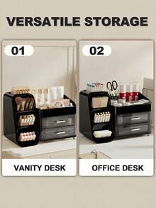 Makeup Organizer With Brush Holder, Drawers, Countertop Storage Organizer, Makeup Organizer Cosmetic Storage For Vanity, Makeup Brushes Storage, Skin Care Storage, Perfect Storage For Lipsticks, Eyeshadows, Nail Polishes, Perfumes, Bathroom & Bedroom Storage, Valentines Gift - 黑色 - 查看 7