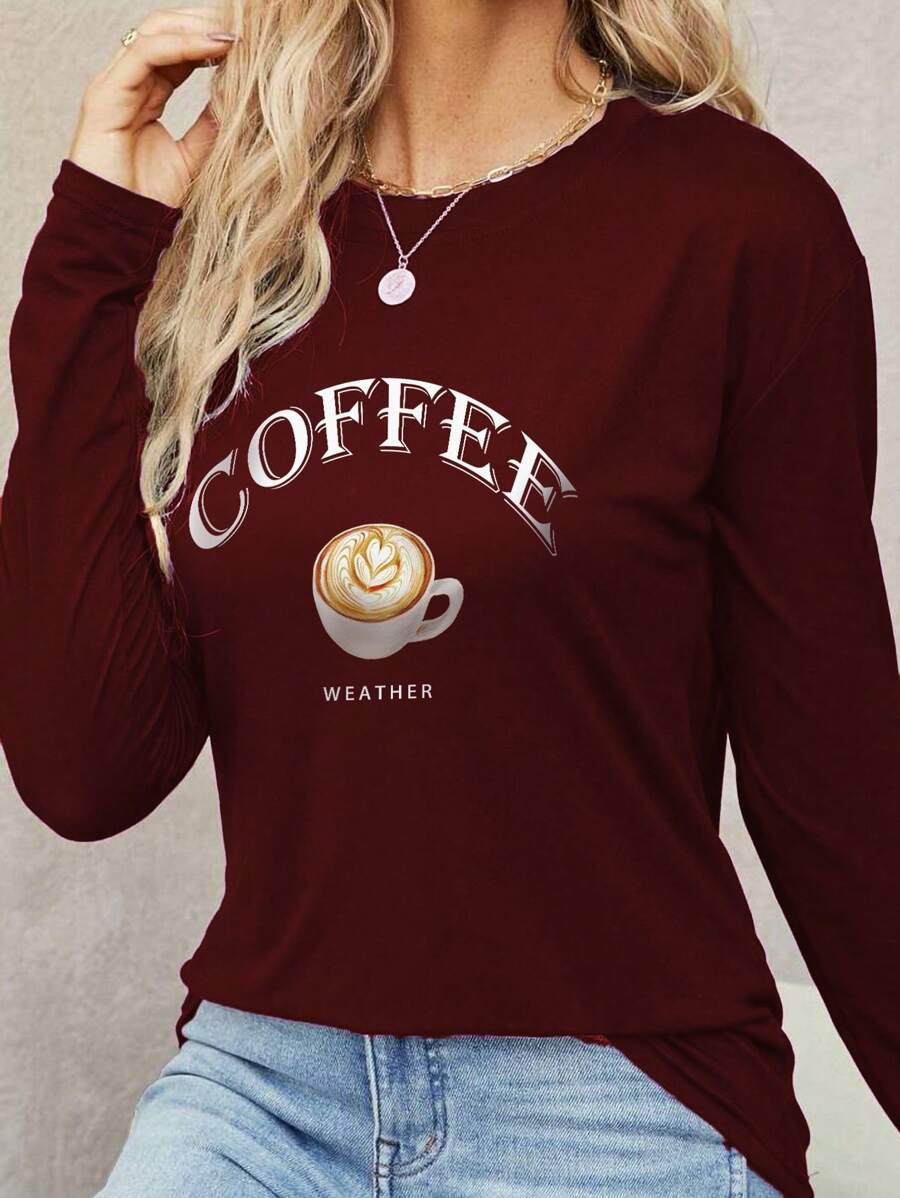 简约百搭咖啡字母图案女士圆领长袖宽松T恤，适合日常、居家、四季、毕业、教师、返校