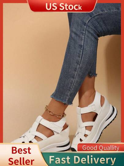 1 Pair Women Platform Sandals, Hollow Breathable Inner Height Increasing Roman Style, Hook And Loop, Lightweight Non-Slip Fashion Versatile White Casual Beach Shoes, Shipped From USA