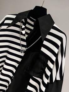 Women's Casual Asymmetric Striped Color Block Drop Shoulder Long Sleeve Button Down Collar Pocket Loose Blouse With Back Slit, Autumn