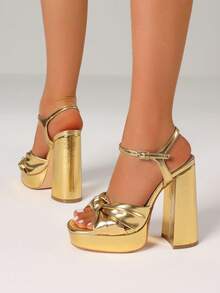 Women's Sexy Block Chunky High Heels Sandals Fashion Bow Knot Open Toe Platform Buckle Solid Party Dress  Summer Sandals Woman - 金色 - 查看 5