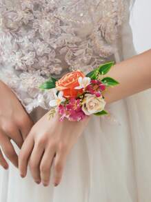 6pcs/1pc High-End Rose Wrist Corsage, Polyester Bohemian Wrist Flower For Wedding, Engagement, Bride, Bridesmaid, Mother Of The Bride/Groom, Wedding Rose Simulation Flower Elastic Wrist/Chest Corsage For Party, Ball, Daily Wear