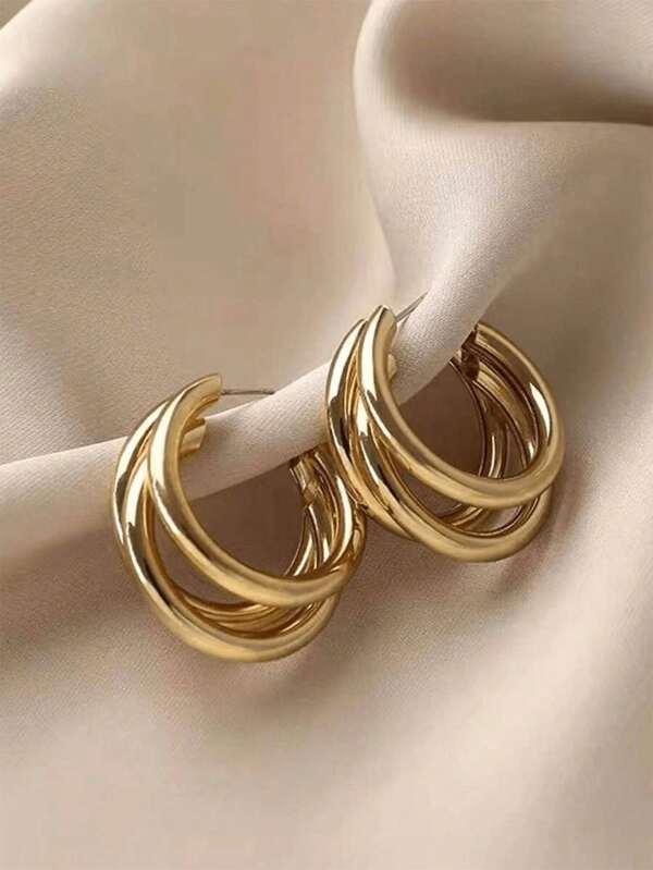 1 par de elegantes pendientes de oro de tres anillos - Diseño de apariencia estilizada, pendientes sencillos, regalo ideal para mujeres, apropiado para reuniones diarias