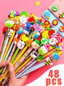 48pcs Cartoon HB Pencils With Cute Erasers, Back To School Stationery Set, Includes Random Mix Of Cartoon Pencils With Adorable Erasers, Suitable As Back To School Gift For Students And Kids (12pcs/24pcs/48pcs) - Multicolor - View 1