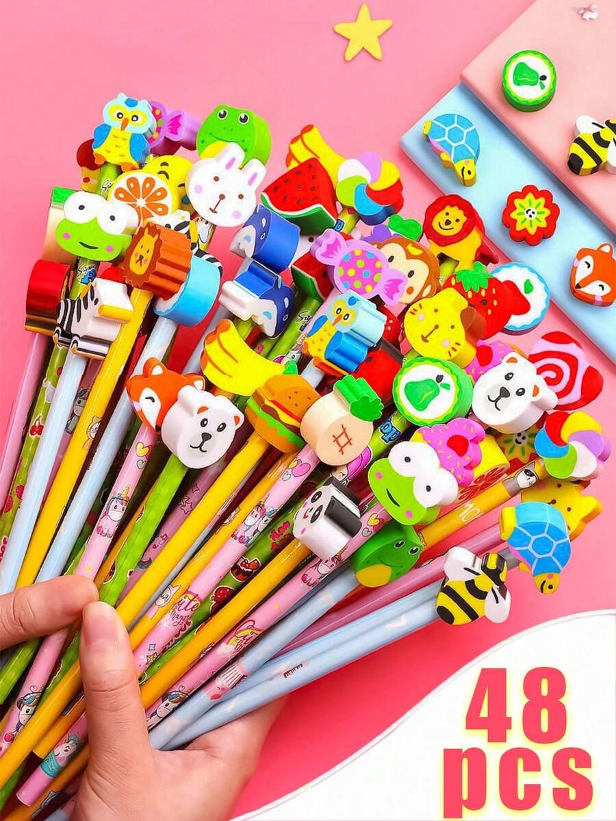 48pcs Cartoon HB Pencils With Cute Erasers, Back To School Stationery Set, Includes Random Mix Of Cartoon Pencils With Adorable Erasers, Suitable As Back To School Gift For Students And Kids (12pcs/24pcs/48pcs) - Multicolor - View 1