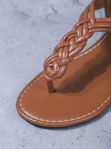女士手工编织人字拖凉鞋，优雅、休闲、波西米亚风、性感、可爱，PU皮革编织平底凉鞋，适合夏季度假 - 棕色 - 查看 7
