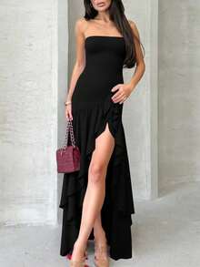 Women's Solid Color Ruffle Hem Side Slit Bodycon Maxi Dress, Elegant Sexy Party Gown For Formal Events Wedding Spring Black - Black - View 5
