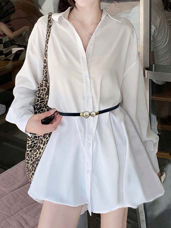 Women's Asymmetrical Collar Belted Long Sleeve Shirt, Chic Design, Mid-Length