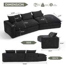 Modern Minimalist Modular Sectional Sofa, Upholstered Cloud Couch With Deep Seats, Right Facing Chaise For Living Room-Black - Black - View 3