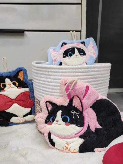 1pc Cute Cat-Shaped Dopamine Hand Towel Super Absorbent Soft Touch, Space-Saving Vertical Design For Bathroom & Kitchen Decor Vibrant Colors For Bathroom Kitchen Decor Dish Cloths Kitchen Towel