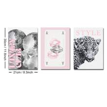 3件套无框豹纹、迪斯科球、嘴唇海报套装，粉色、黑色、白色可选，豹纹酒吧推车墙面艺术帆布画，学院风艺术，时尚杂志氛围，适合公寓、客厅、卧室、现代家居装饰 - 彩色 - 查看 11