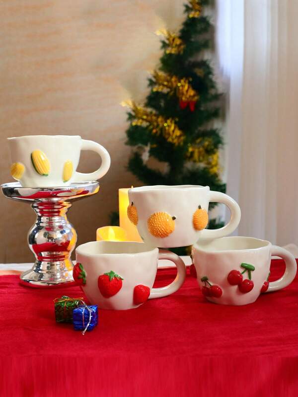 1pc 400ml Ceramic Cup With Fruit Pattern, Espresso Cup, Creative Ceramic Gift, Water Cup, Holiday Coffee/Tea Cup, High-End Office/Home Breakfast Cup, Latte Art Coffee Cup, Couple Gift