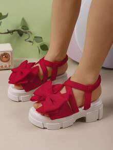 1 Pair Girls' Fashion High Heel Sandals, Criss-Cross Bow Design, Cute & Sweet Thick Sole Comfortable, Suitable For Girls Outdoor Casual, Travel, Beach - Red - View 2