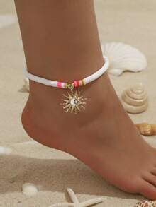 1 件时尚弹性彩色聚合物粘土合金向日葵脚链，适合海滩、度假和休闲穿着