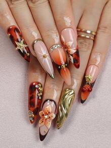 10 piezas de uñas postizas de punta francesa hechas a mano de medio tamaño de almendra, con decoración de estampado de leopardo y flor 3D, con accesorio de polvo de espejo mágico, estrella dorada y diseños con brillos, uñas postizas de estileto de cobertura completa reutilizables para uso diario de mujeres y niñas
