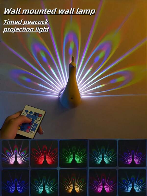 1 pieza Luz de noche LED multicolor con proyección de pavo real, control remoto y temporizador, con alimentación por batería o USB, lámpara de pared para dormitorio, estudio, oficina, comedor, regalo romántico