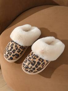 男女新款厚羊毛绒家居拖鞋，温暖、时尚、舒适、防滑室内一脚蹬拖鞋 - 卡其色 - 查看 3