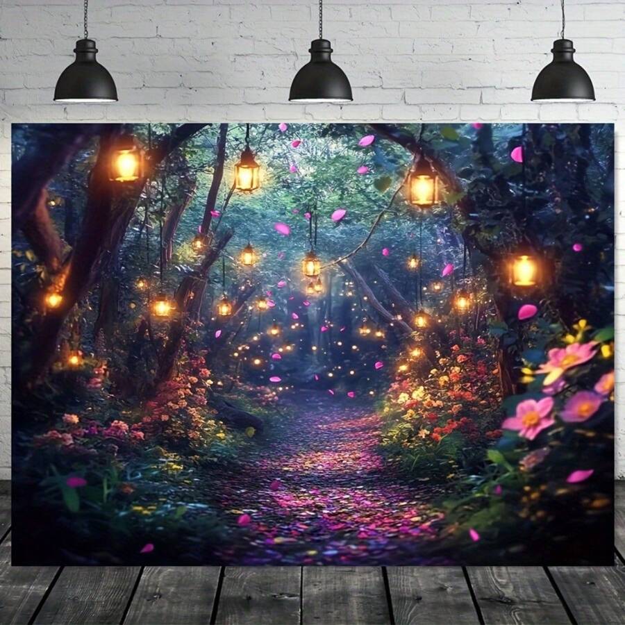 1pc Vintage Enchanted Forest Wall Tapestry - Magical Woodland Scene With Lanterns & Flowers, Soft Peach Light Beige Polyester Fabric, No Electricity/Battery Needed, Versatile Size Options For Bedroom & Indoor Wall Decor, Enchanting Atmosphere | Vibrant Color Quality, Forest Decor