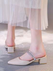 2026新款法式尖头珍珠装饰细高跟穆勒凉鞋，米色，夏季款