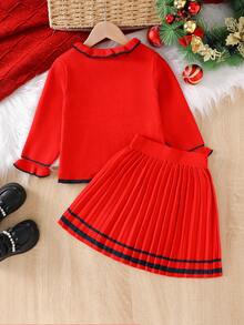 BOARNSEORL 2 件套年轻女孩针织开衫上衣和百褶裙套装，红色，优雅，适合圣诞派对、婚礼、典礼 - 紅色 - 查看 3