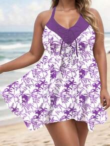 Rochie de baie cu imprimeu integral și bretele tip spaghetti la spate, mărime plus - Violet - Vizualizare 4