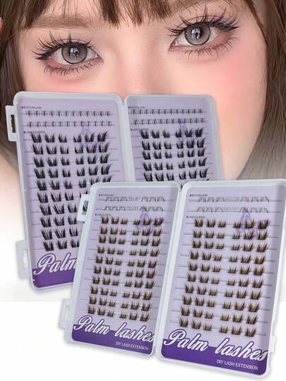 PALM LASHES 144/168pcs Brown/Black False Eyelashes, 9-13mm Cluster, 5-6mm Lower Lashes, C-Curl, Ultra-Fine Lash Stem, Wide Span, Individual Cluster Lashes, Suitable For Left & Right, Cartoon Fairy Hair, Natural Daily Korean DIY Cartoon Anime Style