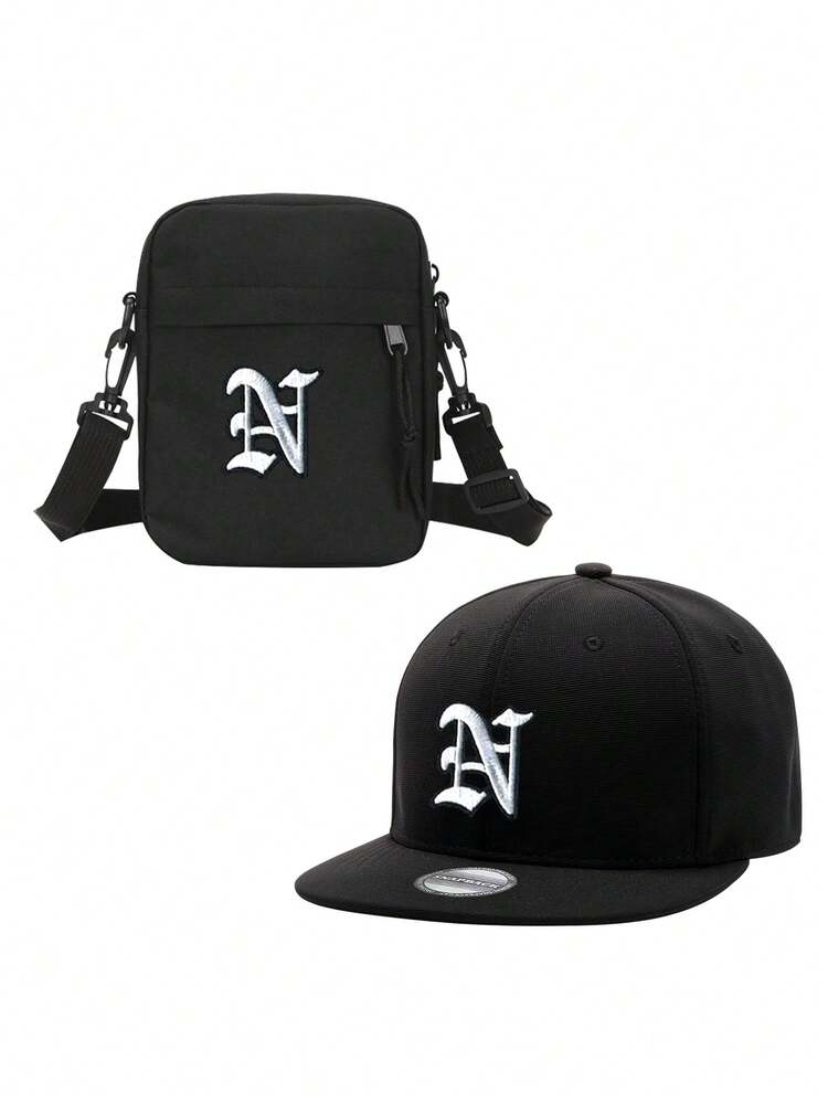 2pcs Adult Gift Set, Personalized 26 Letter Decor Sun Visor Cap + Letter Crossbody Bag, Suitable For Daily Commute, Hiking, Camping, Outdoor Street Wear, Applicable For Spring And Summer Casual Outfits,Beach,Holiday,Festival,Travel - Black - View 11